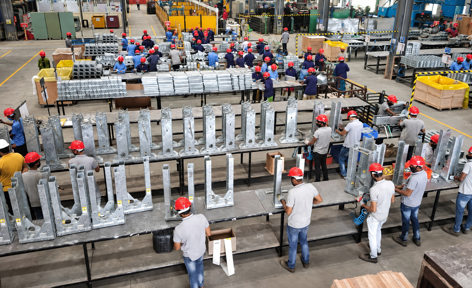 Rows of workers in red hard hats assembling galvanized steel brackets at long benches
