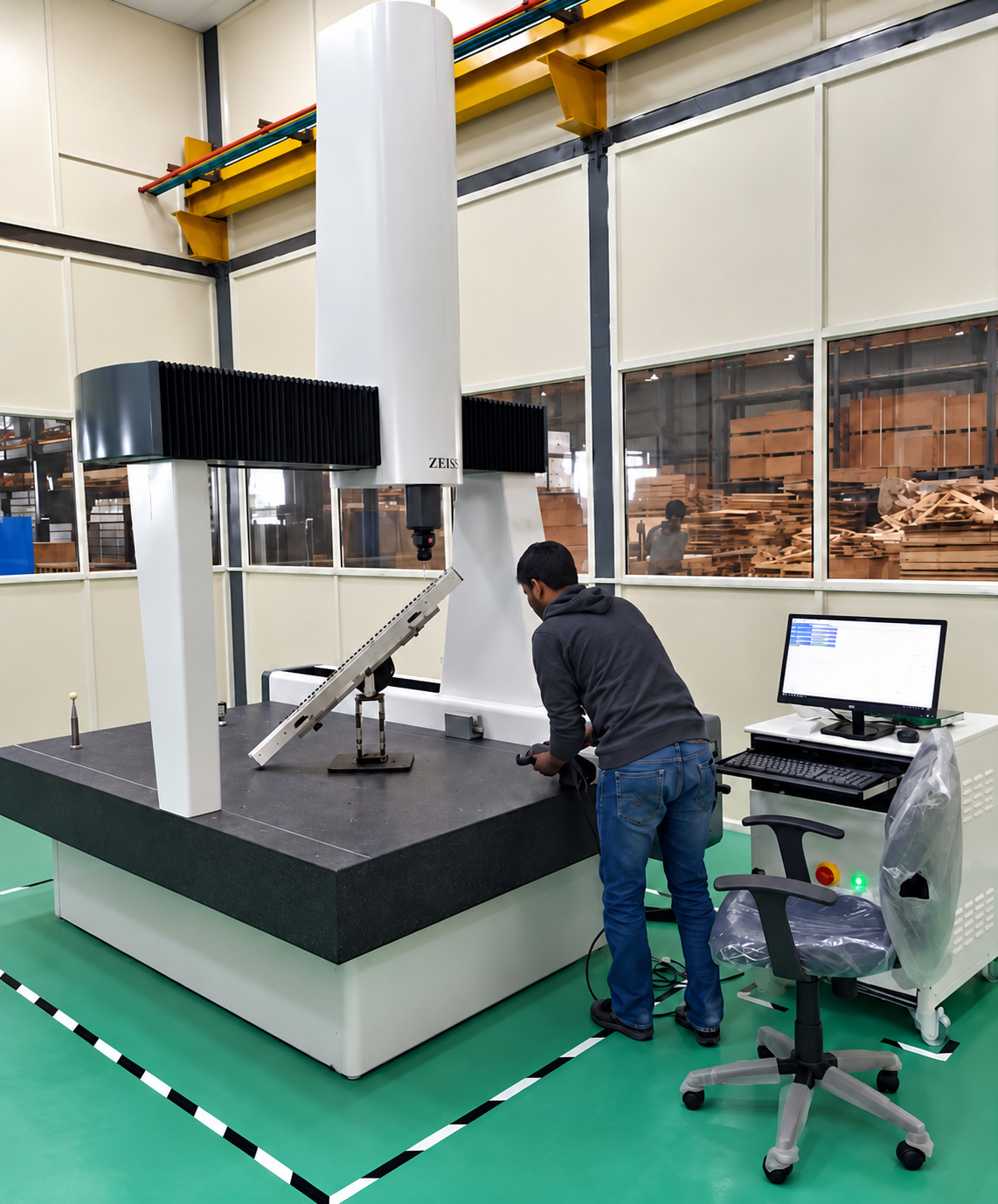 An inspector at a bridge-type coordinate measuring machine with a granite table, in a clean room