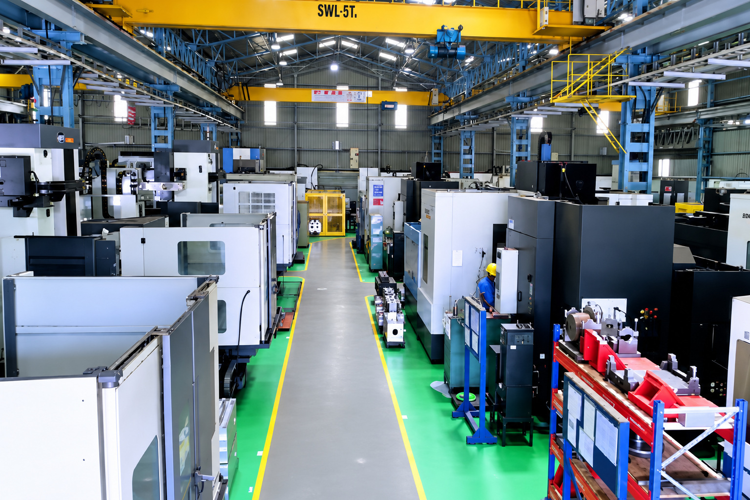 A long machining bay lined with CNC machines on both sides of a central aisle, under overhead cranes