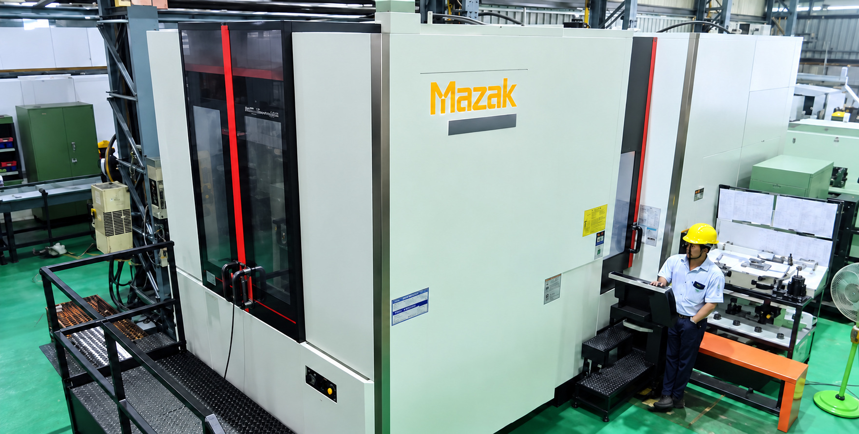 An operator at the control panel of a Mazak machining center