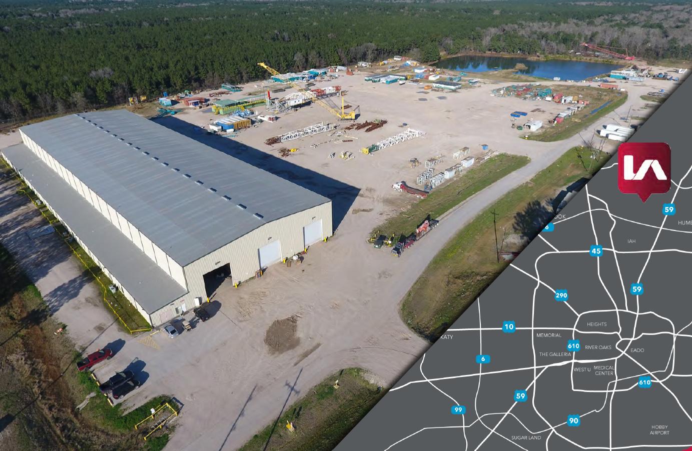 Aerial view of UCI’s Conroe site, with a manufacturing building, extensive yard and tree-lined perimeter